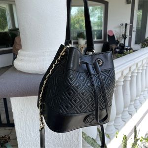 Black Quilted Leather Tory Burch Bucket Crossbody Bag